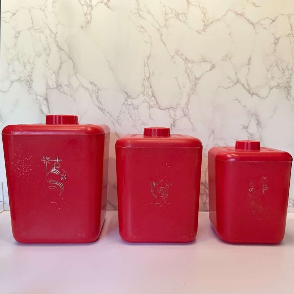 Rare vintage Lustro Ware red plastic canister set sugar coffee tea Made in USA